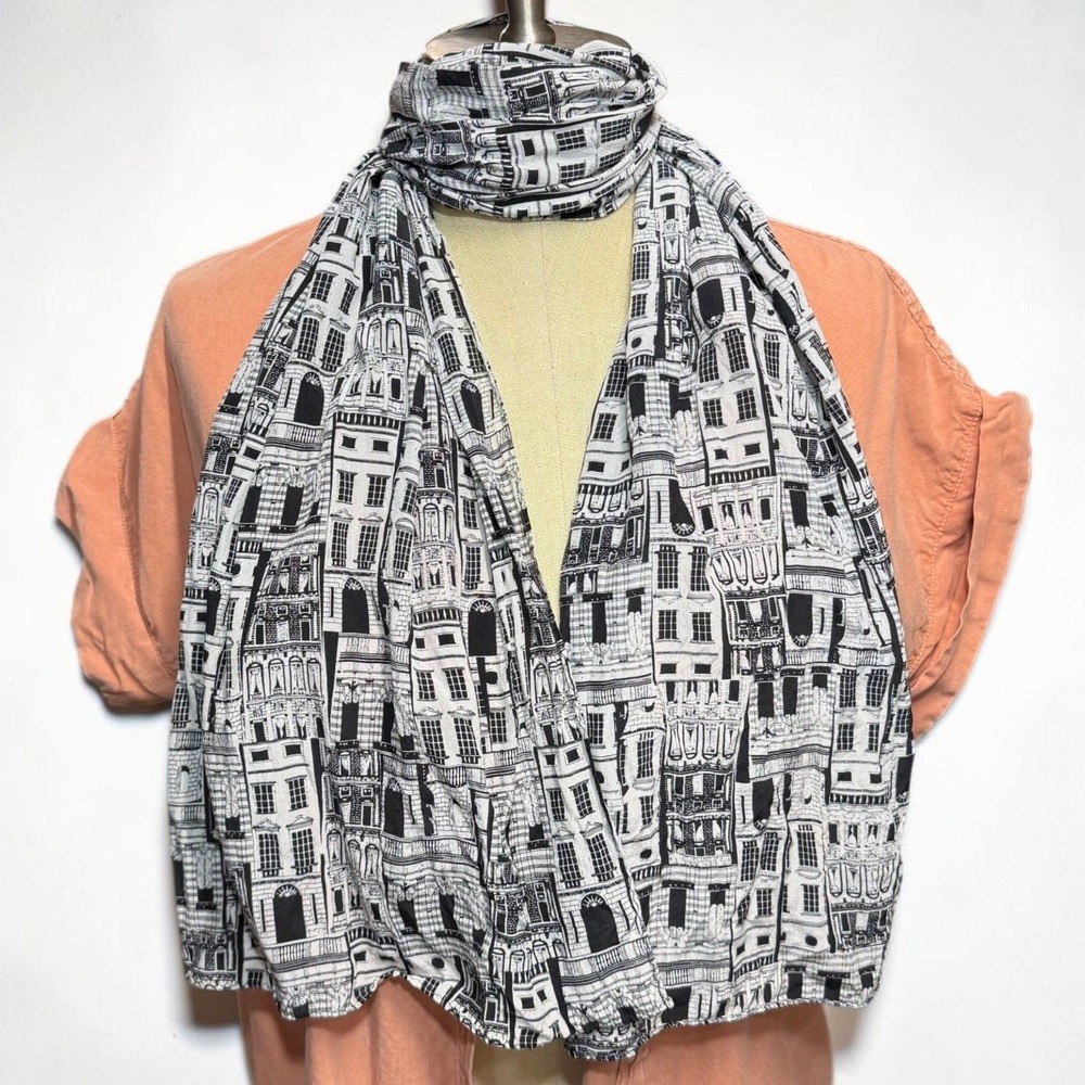 VTG CASCA Silk Scarf Black White Architecture London Row City Paris Maximalism